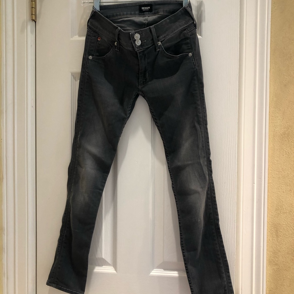 Hudson “Collin Skinny” gray jeans.